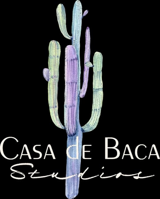 Casa de Baca Studios logo showing a watercolor saguaro cactus above the studio wordmark