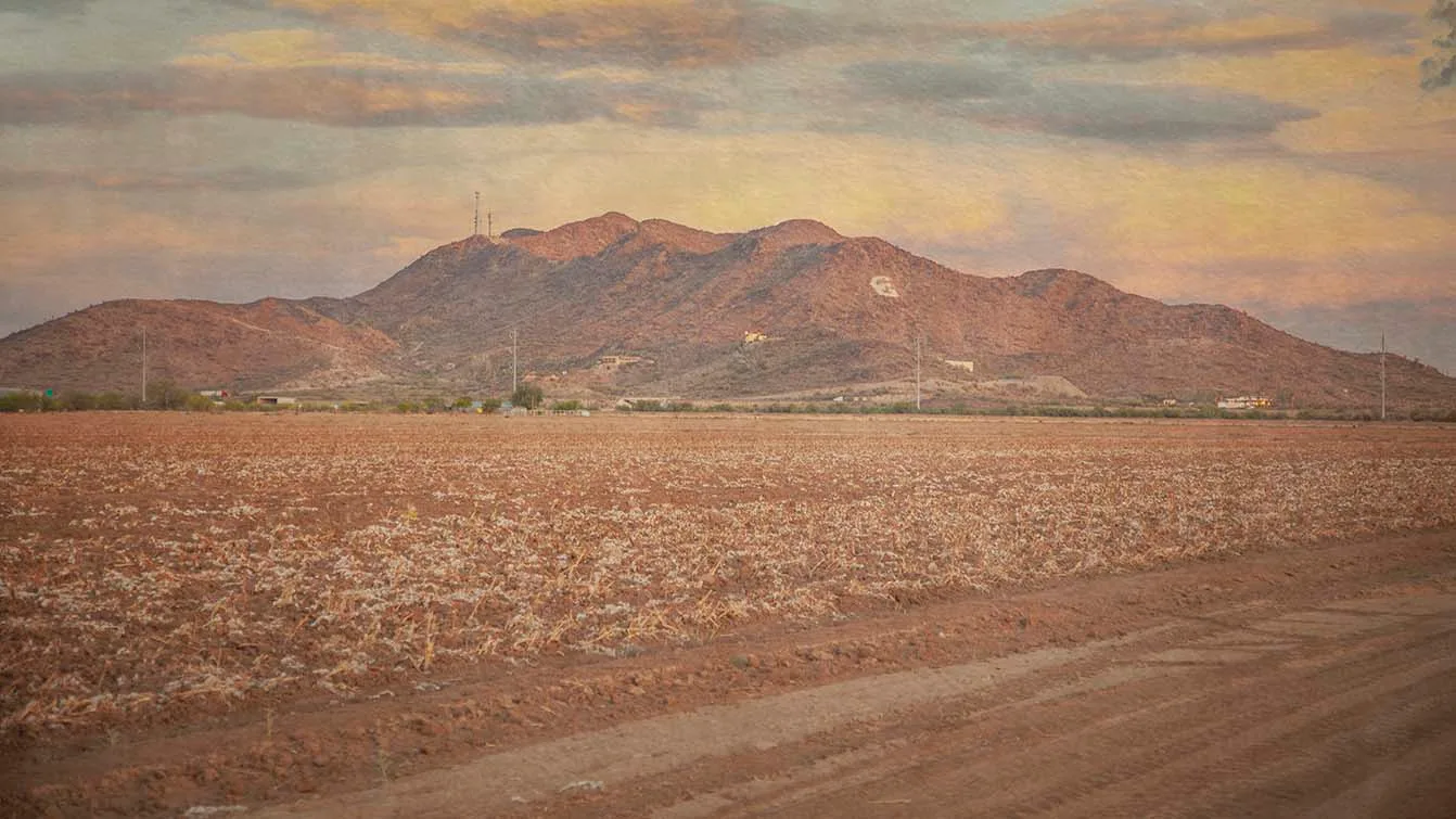 Casa Grande Mountain Vintage Sunset, a fine art photograph by Janell Evelyn Baca, Casa de Baca Studios, Florence, Arizona