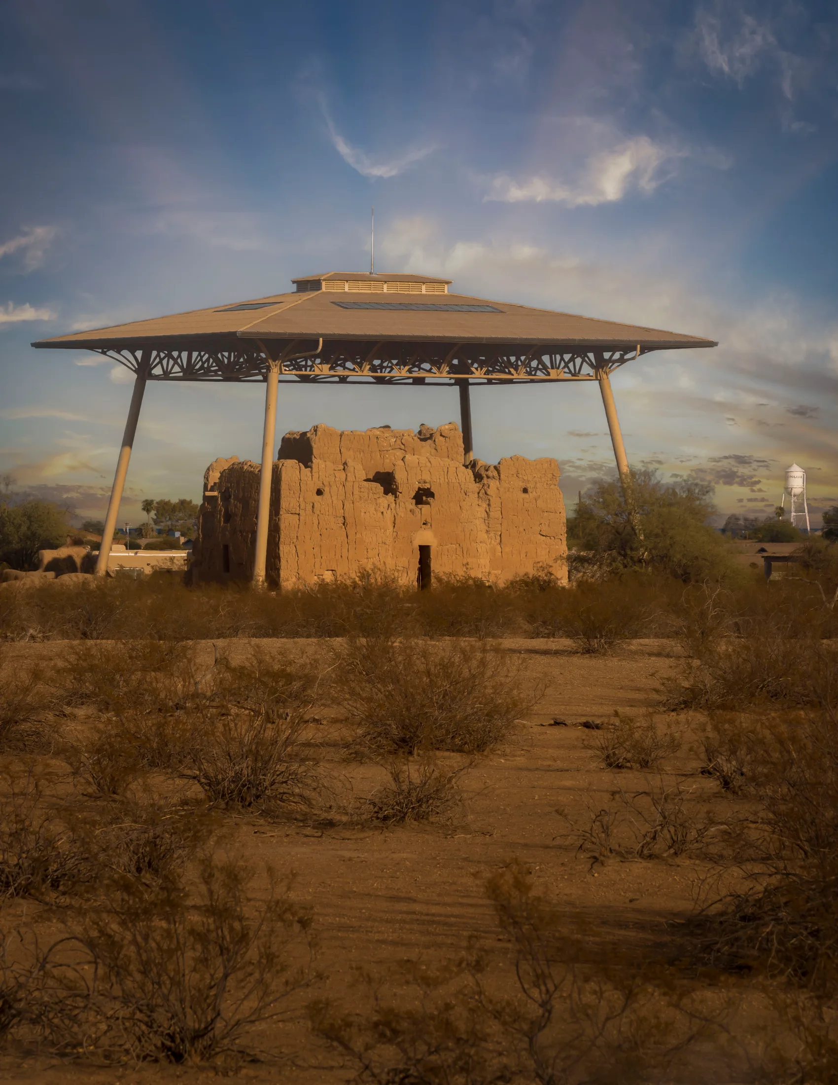 Casa Grande Ruins and Coolidge Water Tower, architecture, a fine art photograph by Michael Joseph Baca