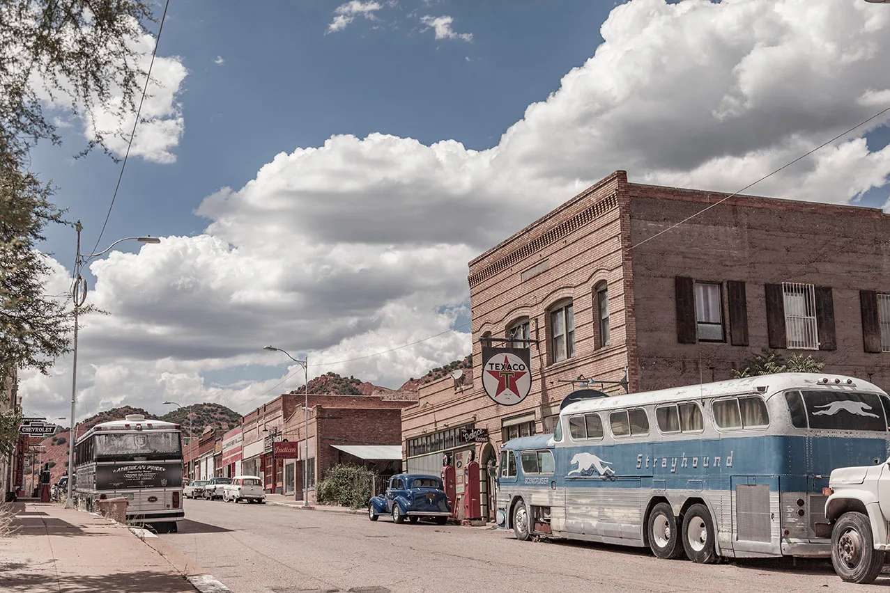 CJL06 Lowel Bus near Bisbee Arizona, vehicles by Janell Evelyn Baca, Casa de Baca Studios, Florence, Arizona