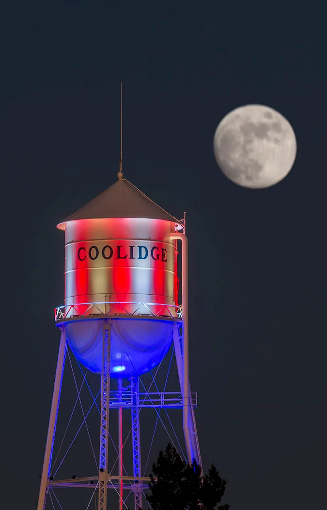 Coolidge Water Tower, moon, a fine art photograph by Michael Joseph Baca, Casa de Baca Studios, Florence, Arizona
