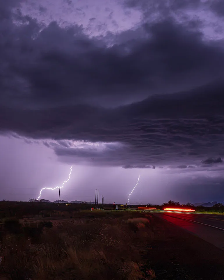 Driving Lightning Highway 79 Florence AZ, a fine art photograph by Janell Evelyn Baca