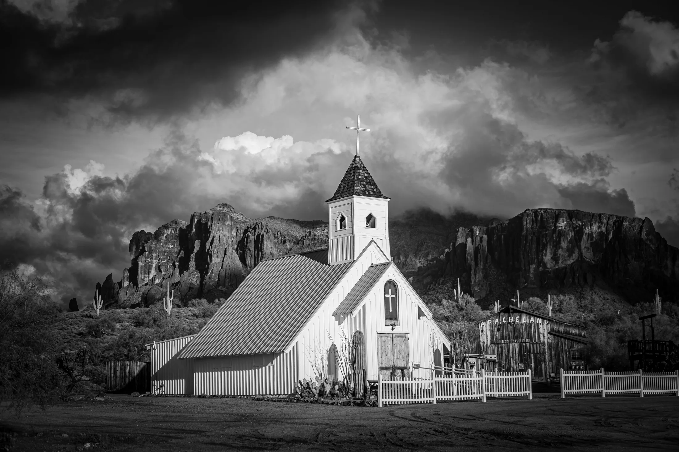 Elvis Chapel & Superstition Mountains Lost Dutchman, architecture, a fine art photograph by Michael Joseph Baca