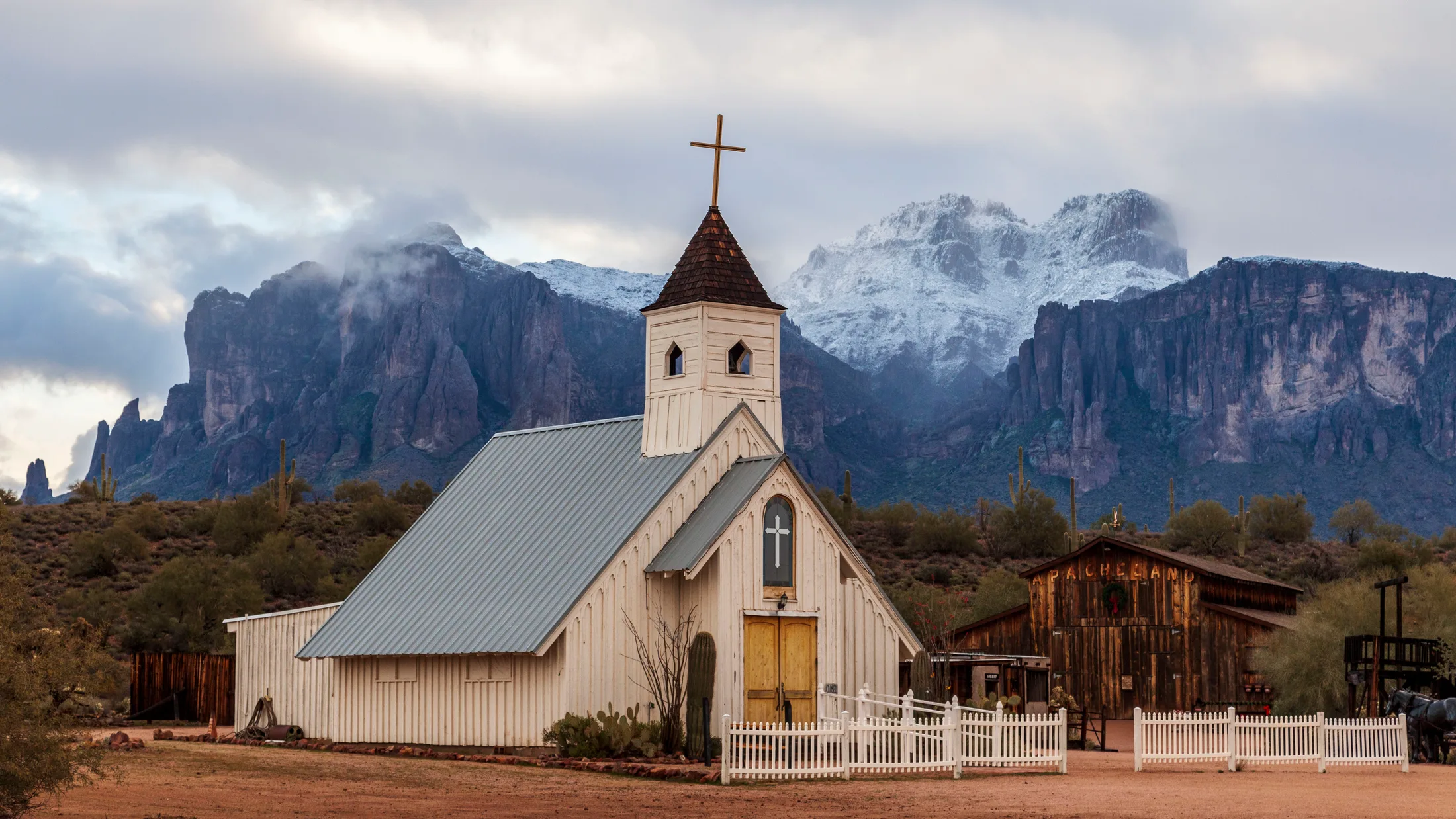 Elvis Chapel & Superstition Mountains Lost Dutchman, architecture, a fine art photograph by Michael Joseph Baca