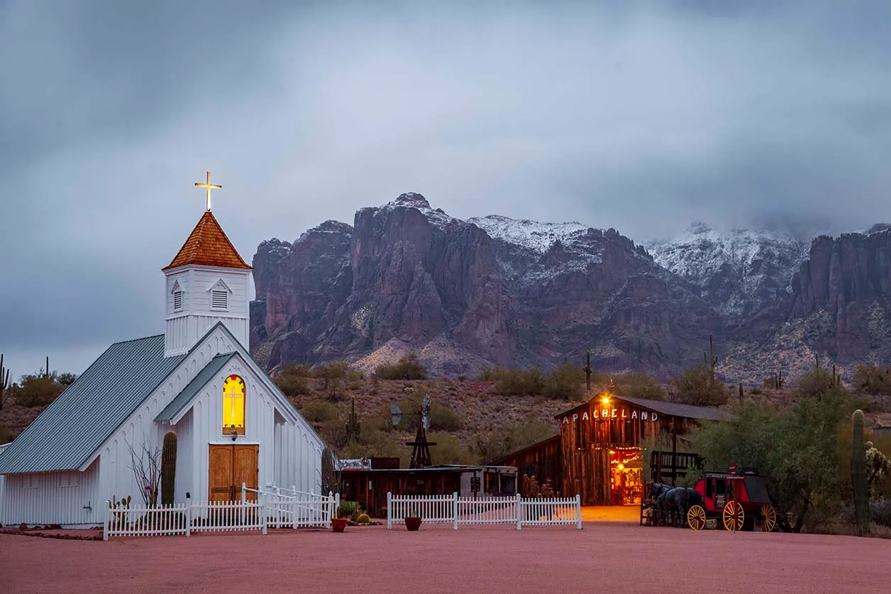 Elvis Chapel at the Superstition Mountains with Snow, a fine art photograph by Janell Evelyn Baca