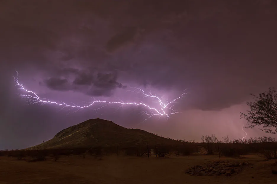 F Mountain Lightning Florence AZ, a fine art photograph by Janell Evelyn Baca, Casa de Baca Studios, Florence, Arizona