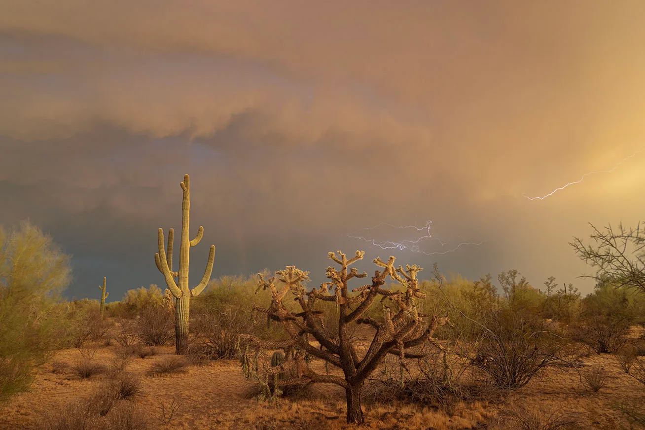 Faded Rainbow & Lightning Highway 79, a fine art photograph by Janell Evelyn Baca, Casa de Baca Studios, Florence, Arizona