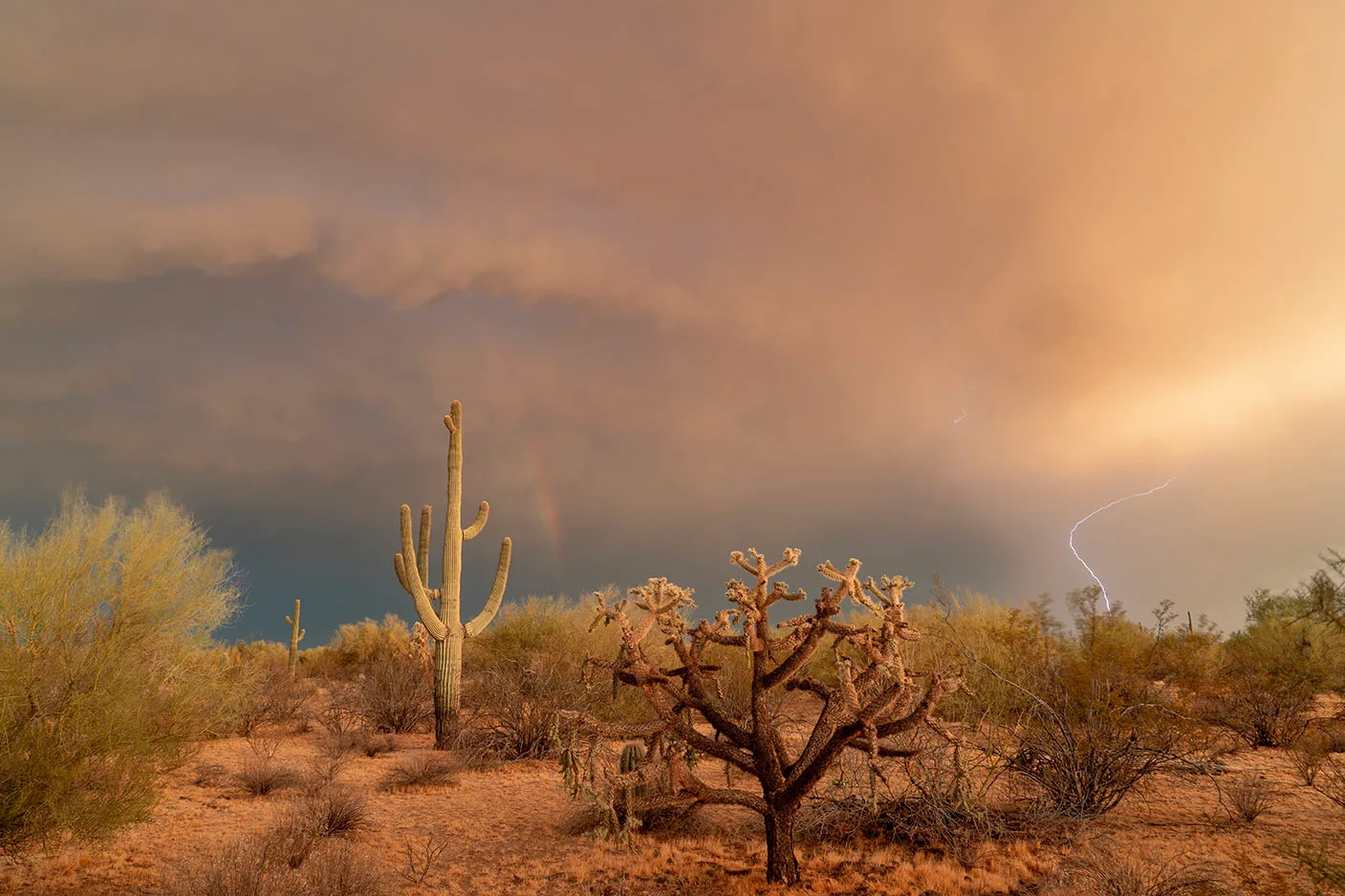 Fading Rainbow and Lightning Highway 79 Florence AZ, a fine art photograph by Janell Evelyn Baca