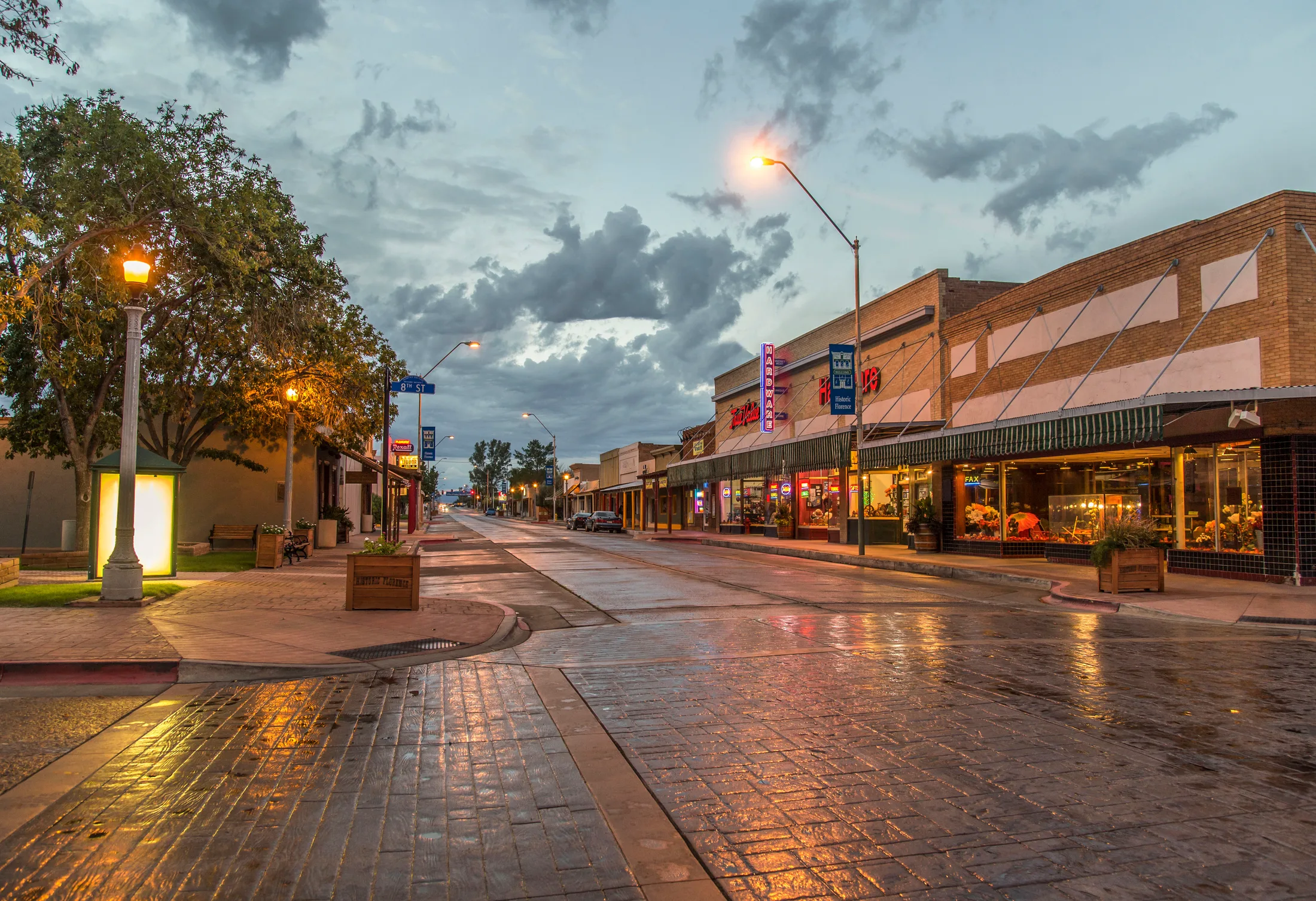 'Florence in the Rain' Main Street Florence AZ, architecture, a fine art photograph by Michael Joseph Baca