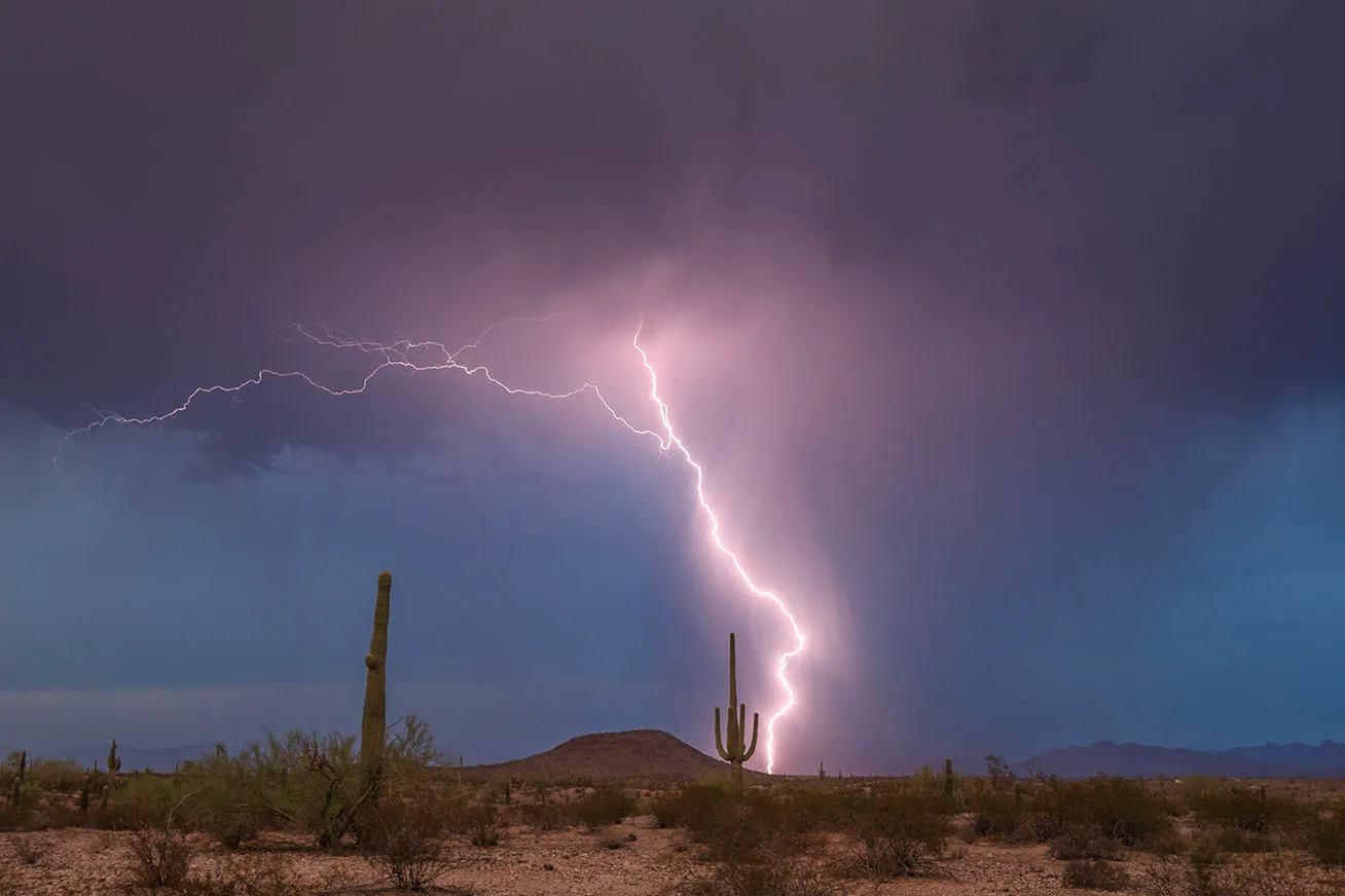Hwy 79 just N of Florence, lightning, a fine art photograph by Janell Evelyn Baca, Casa de Baca Studios, Florence, Arizona