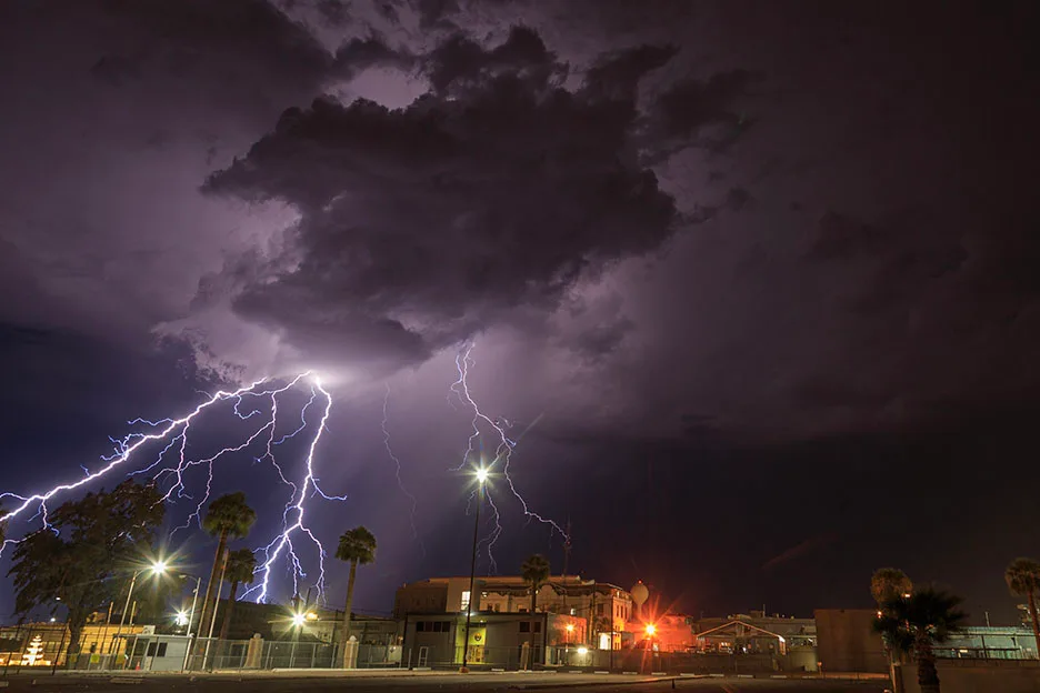 Lightning at ASPC Buildings Florence AZ, a fine art photograph by Janell Evelyn Baca, Casa de Baca Studios, Florence, Arizona