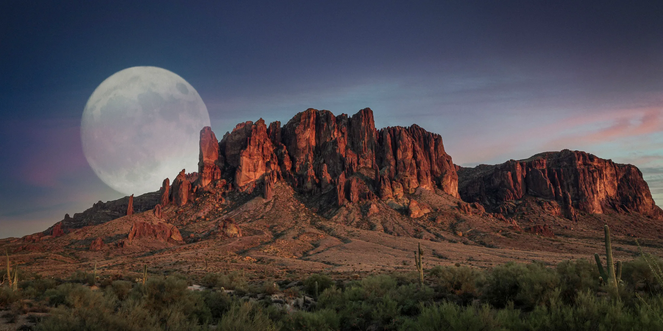 Lost Dutchman State Park Superstition Mountains AZ, moon, a fine art photograph by Michael Joseph Baca
