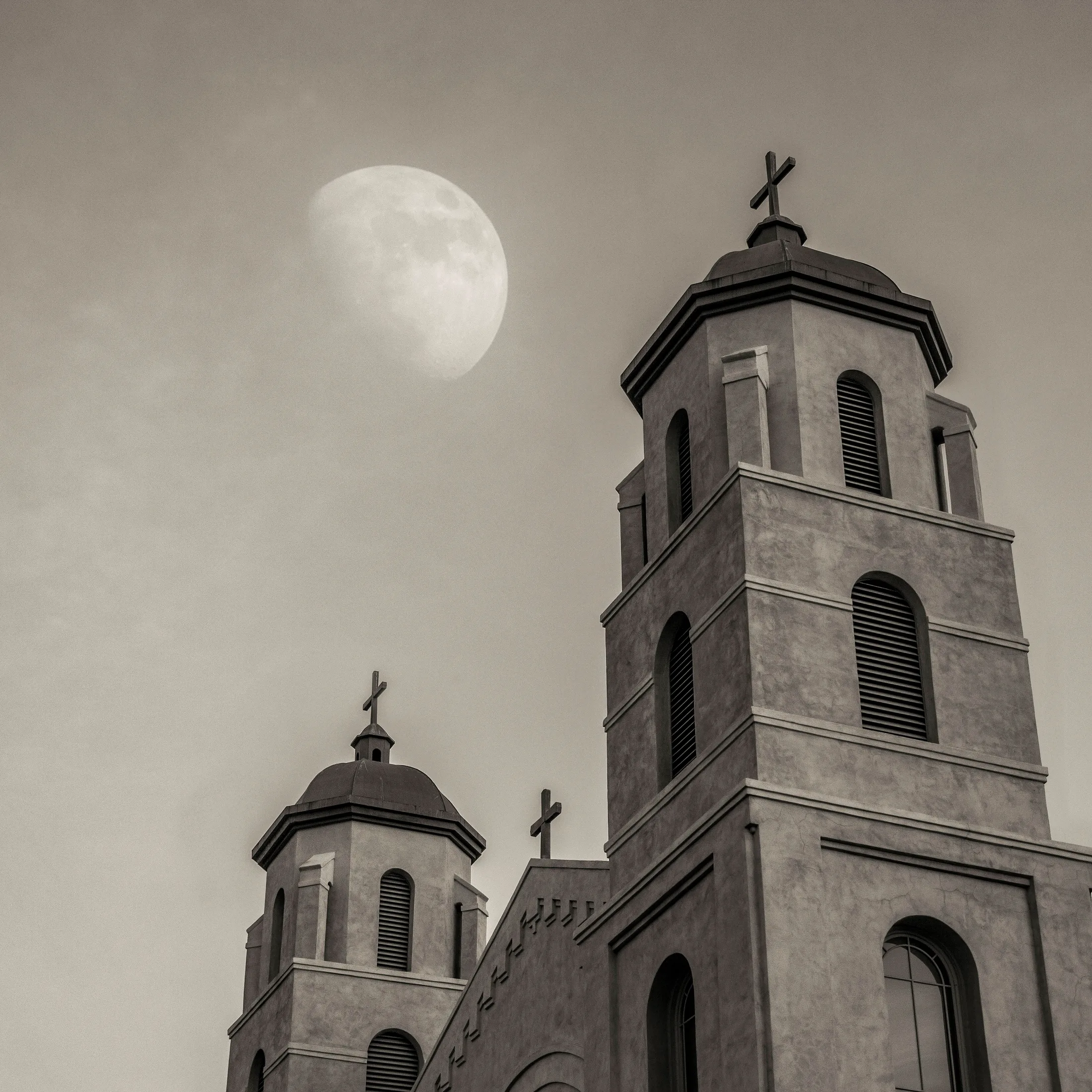 moon & architecture St. Mary's Basilica historic Roman Catholic Church downtown Phoenix AZ, a fine art photograph