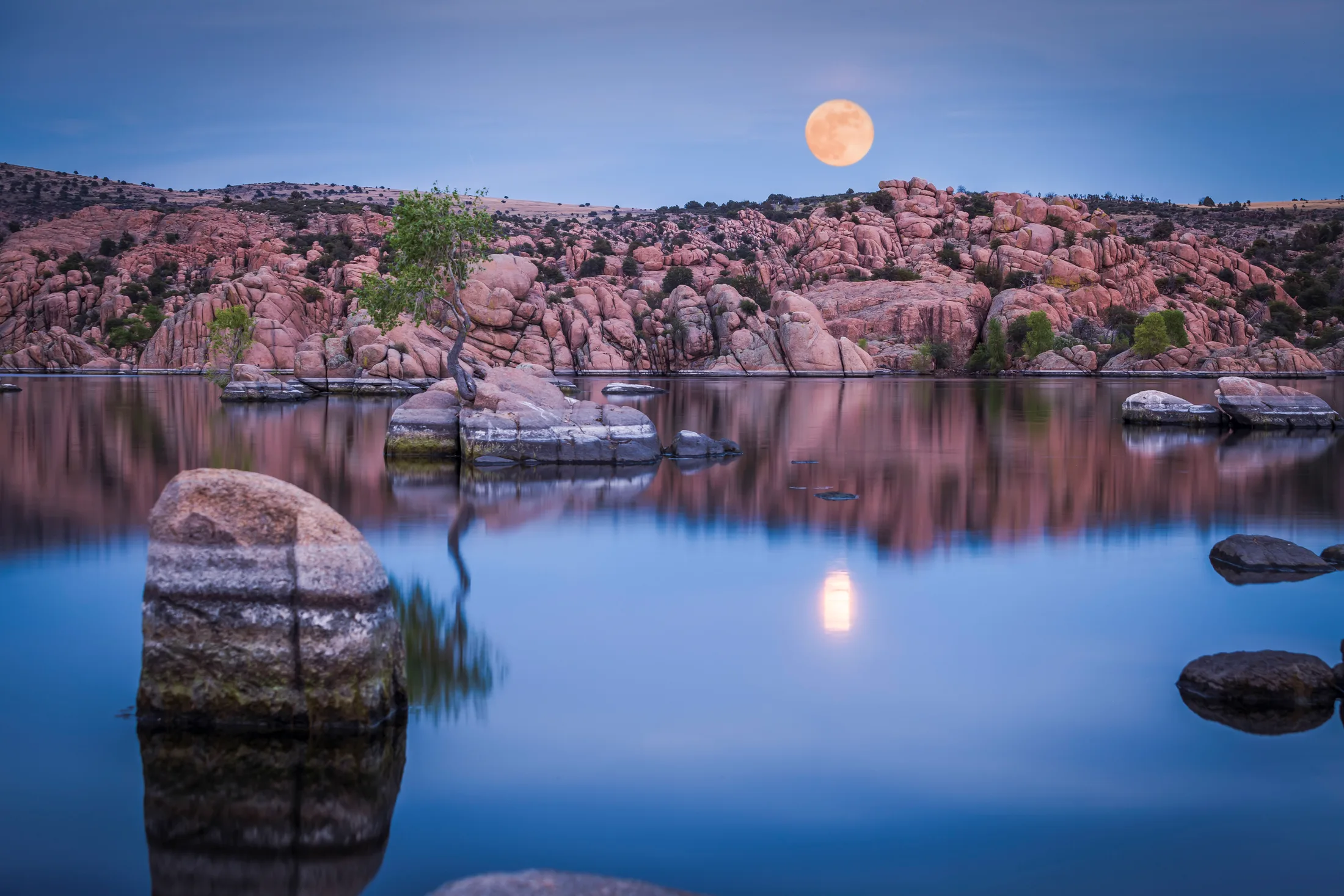 Moon Reflection on Watson Lake Prescott AZ, a fine art photograph by Michael Joseph Baca