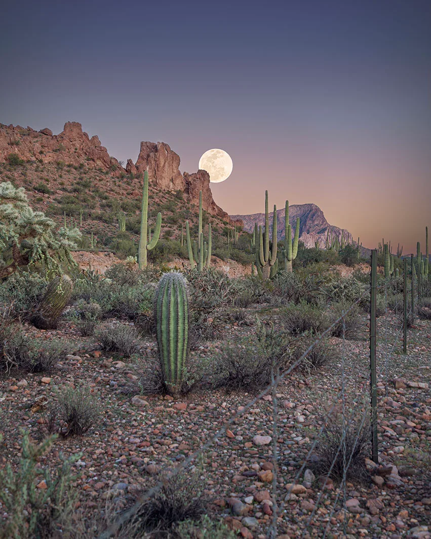 Moon & South Butte Florence, a fine art photograph by Janell Evelyn Baca, Casa de Baca Studios, Florence, Arizona