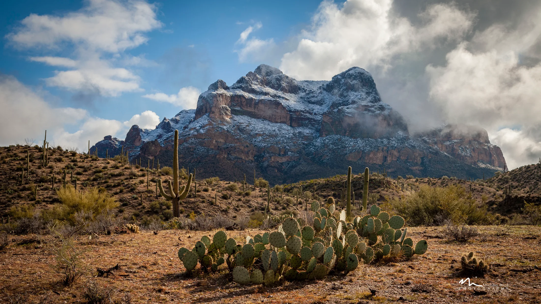 Picket Post Superior Arizona, snow, a fine art photograph by Michael Joseph Baca, Casa de Baca Studios, Florence, Arizona
