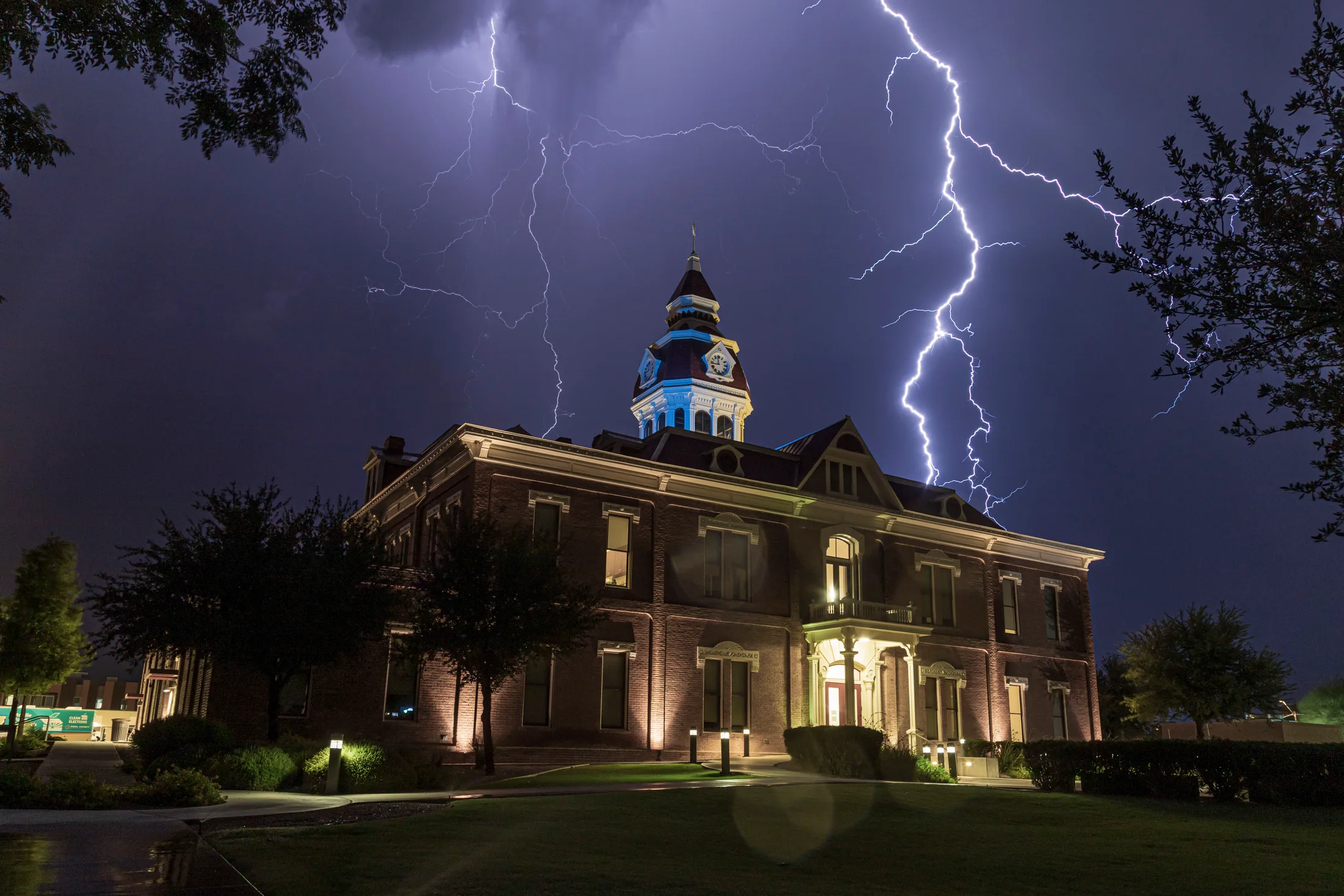 Pinal County Courthouse Florence AZ, lightning, a fine art photograph by Michael Joseph Baca