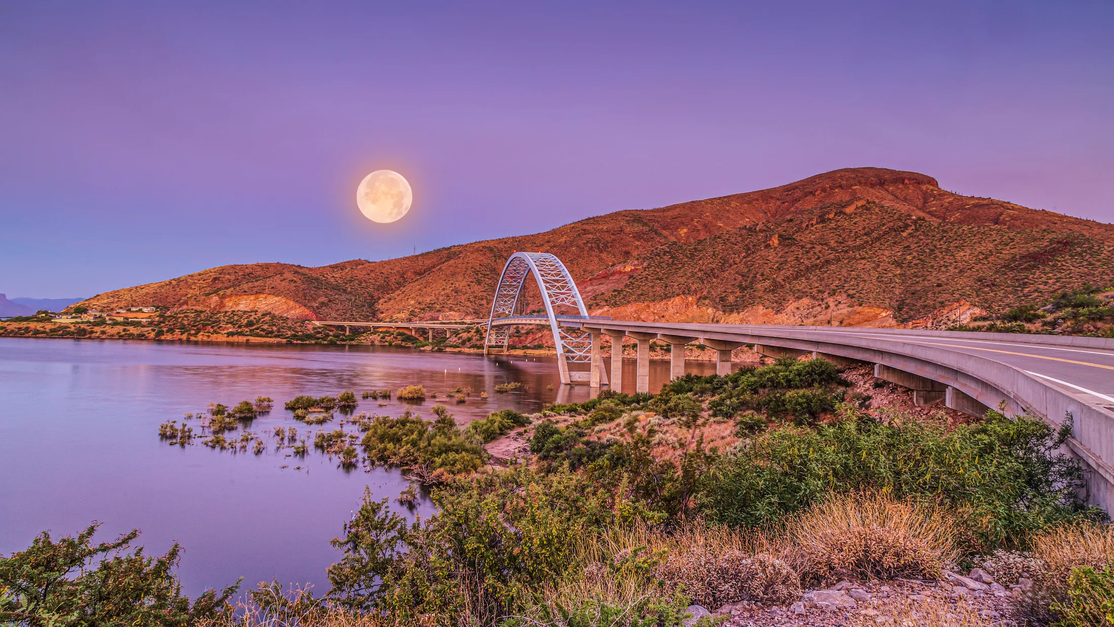 Roosevelt Lake Bridge and Moon Arizona, a fine art photograph by Michael Joseph Baca, Casa de Baca Studios, Florence, Arizona