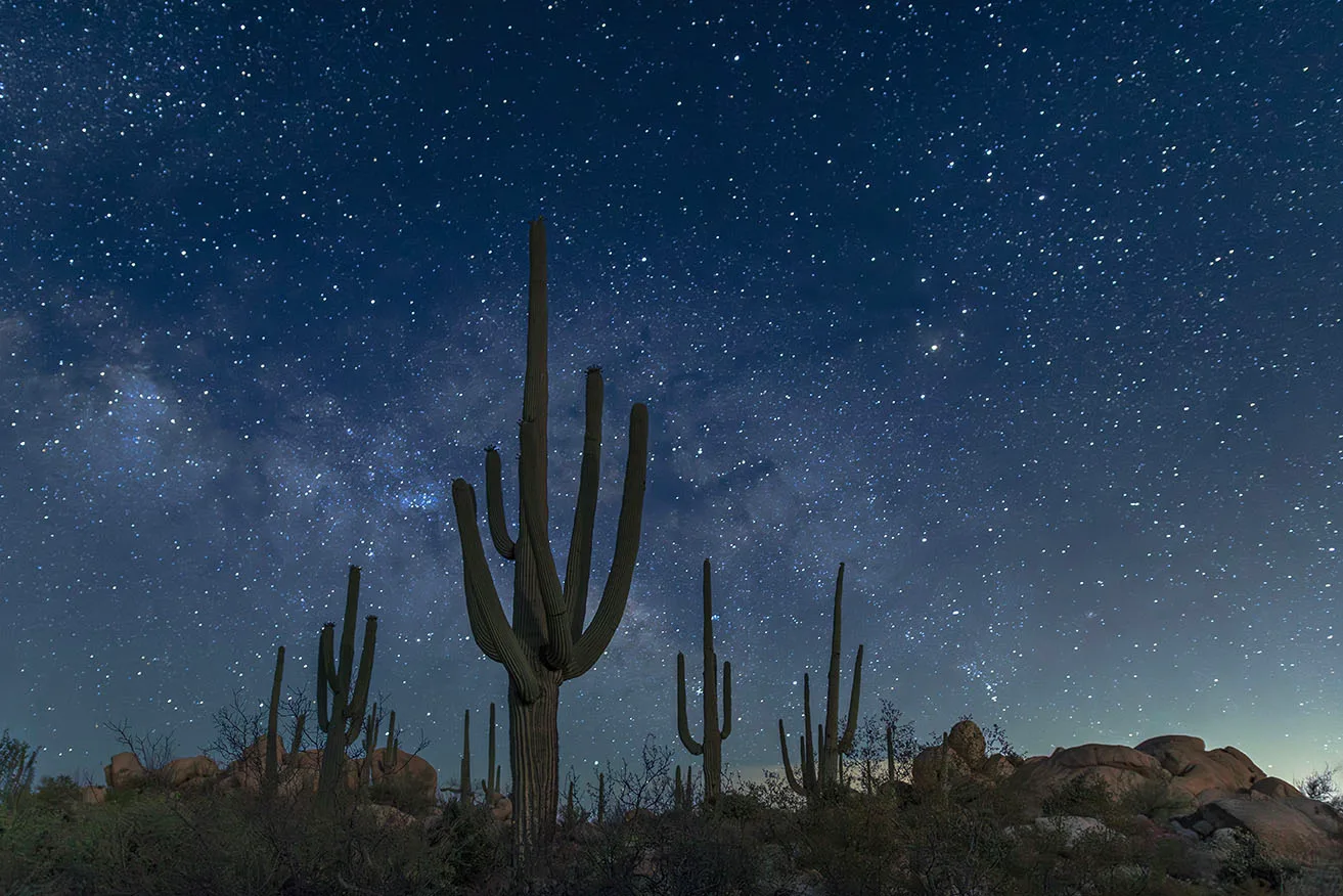Saguaro Milky Way at the Boulders Florence AZ, a fine art photograph by Janell Evelyn Baca