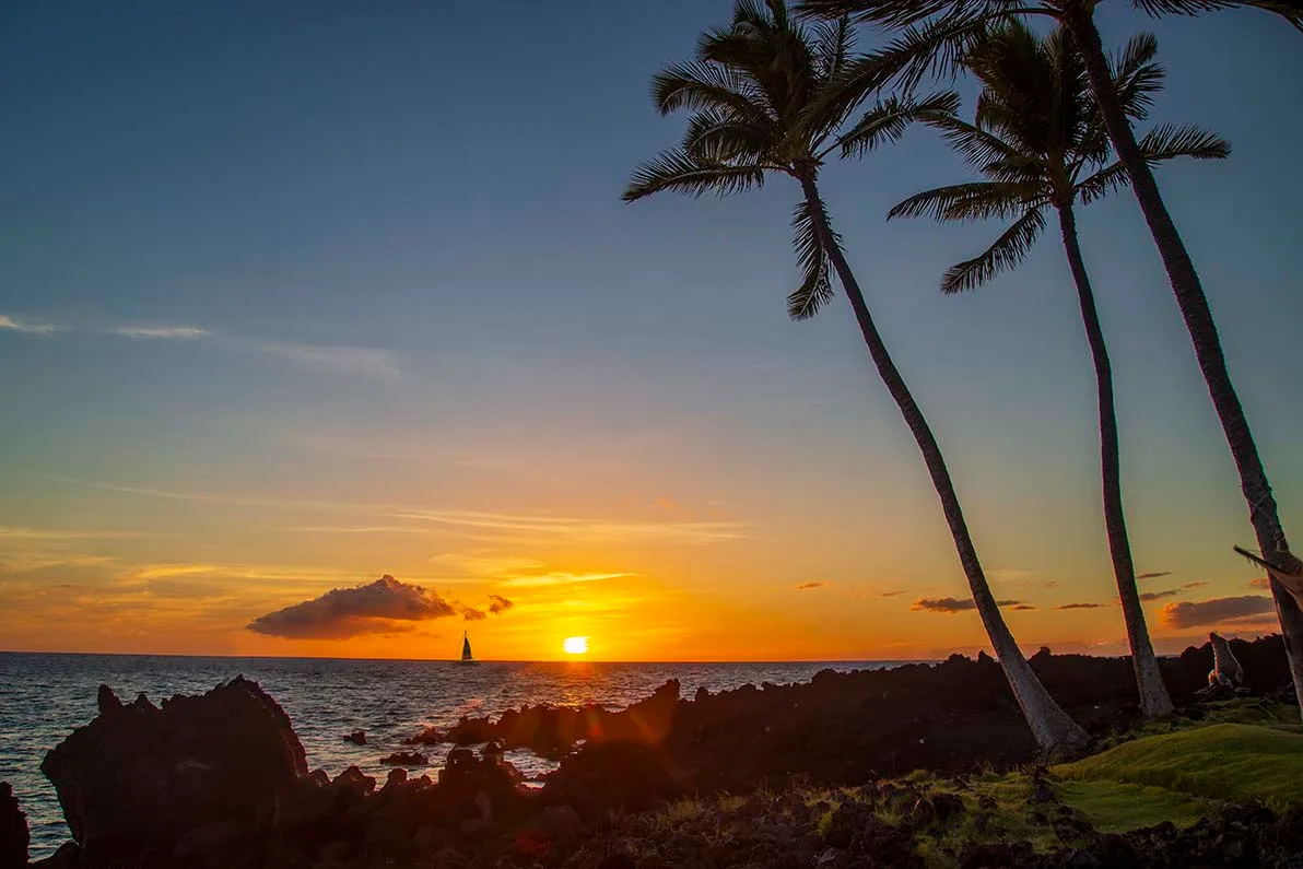 Sailboat Sunset Waikoloa Hawaii, ocean and lake and river and pier, a fine art photograph by Janell Evelyn Baca