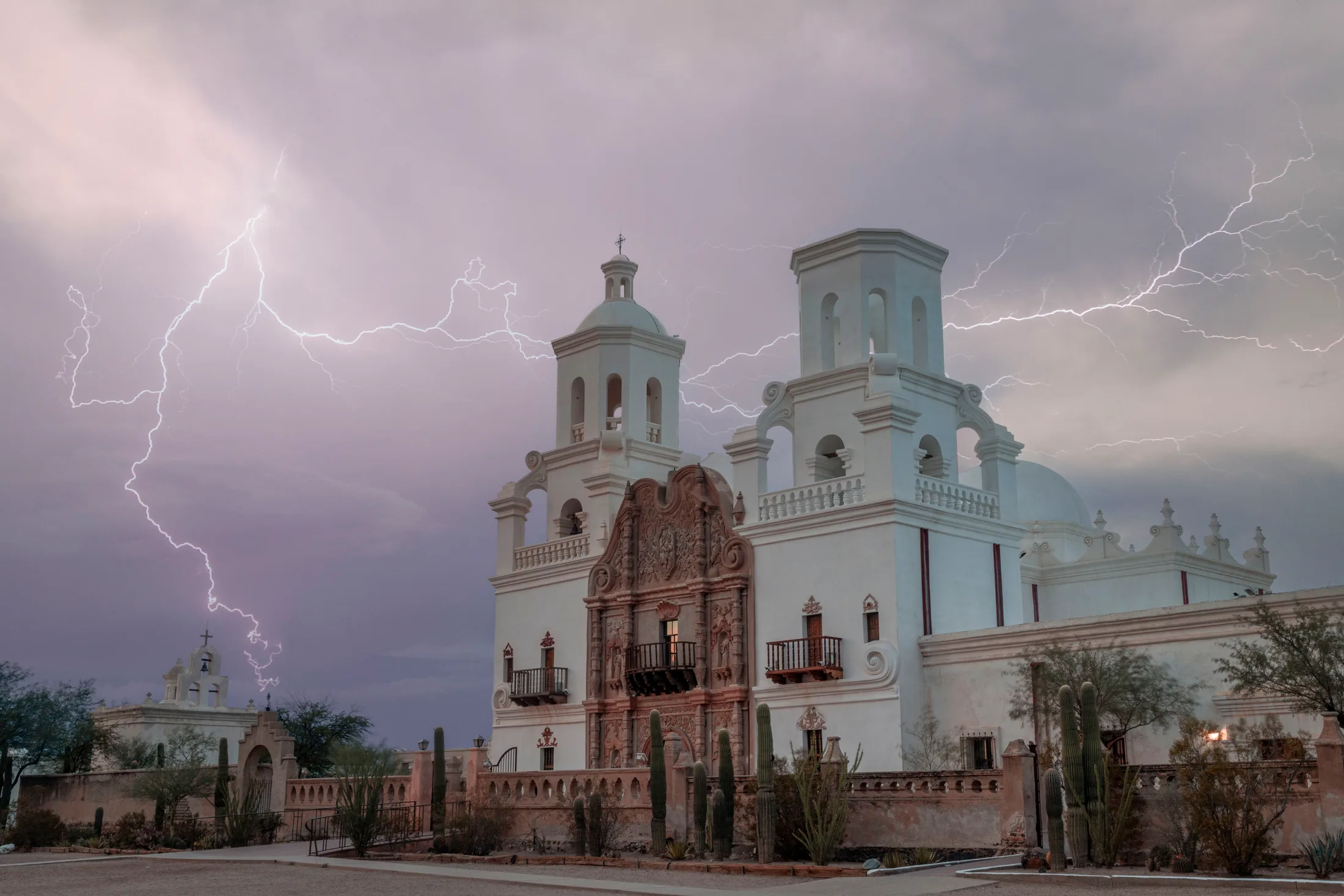 San Xavier del Bac Mission Lightning Tucson AZ, a fine art photograph by Michael Joseph Baca