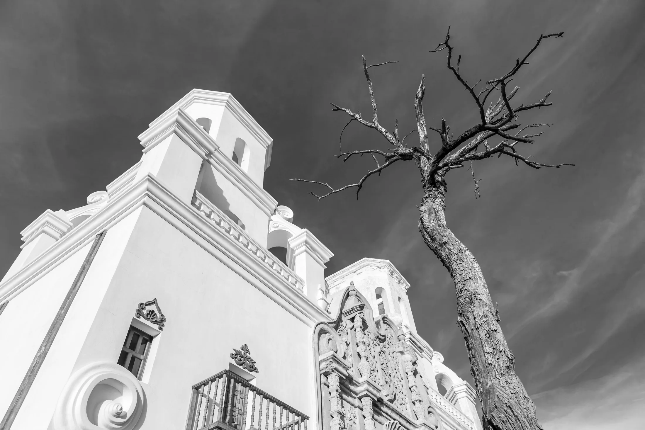 San Xavier del Bac Mission Tucson AZ Black & White bw, architecture, a fine art photograph by Michael Joseph Baca