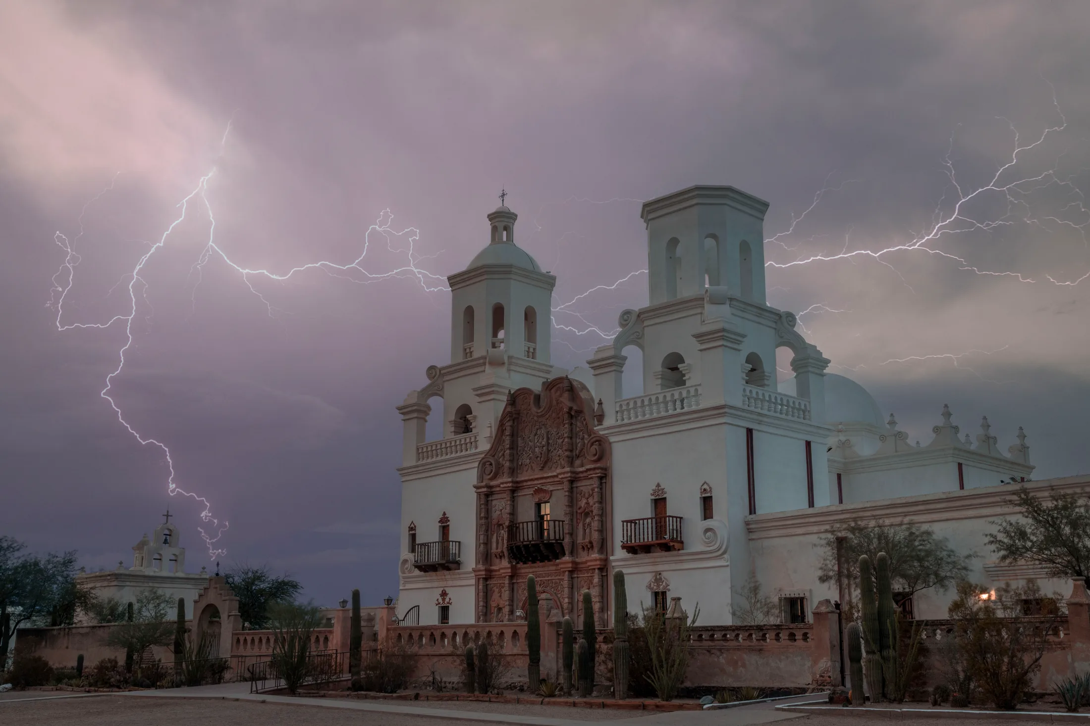 San Xavier Lightning, a fine art photograph by Michael Joseph Baca, Casa de Baca Studios, Florence, Arizona