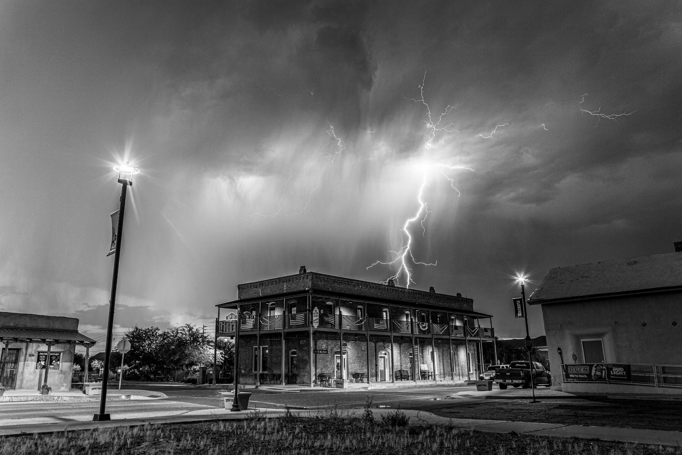 Silver King Hotel Florence AZ, lightning, a fine art photograph by Michael Joseph Baca