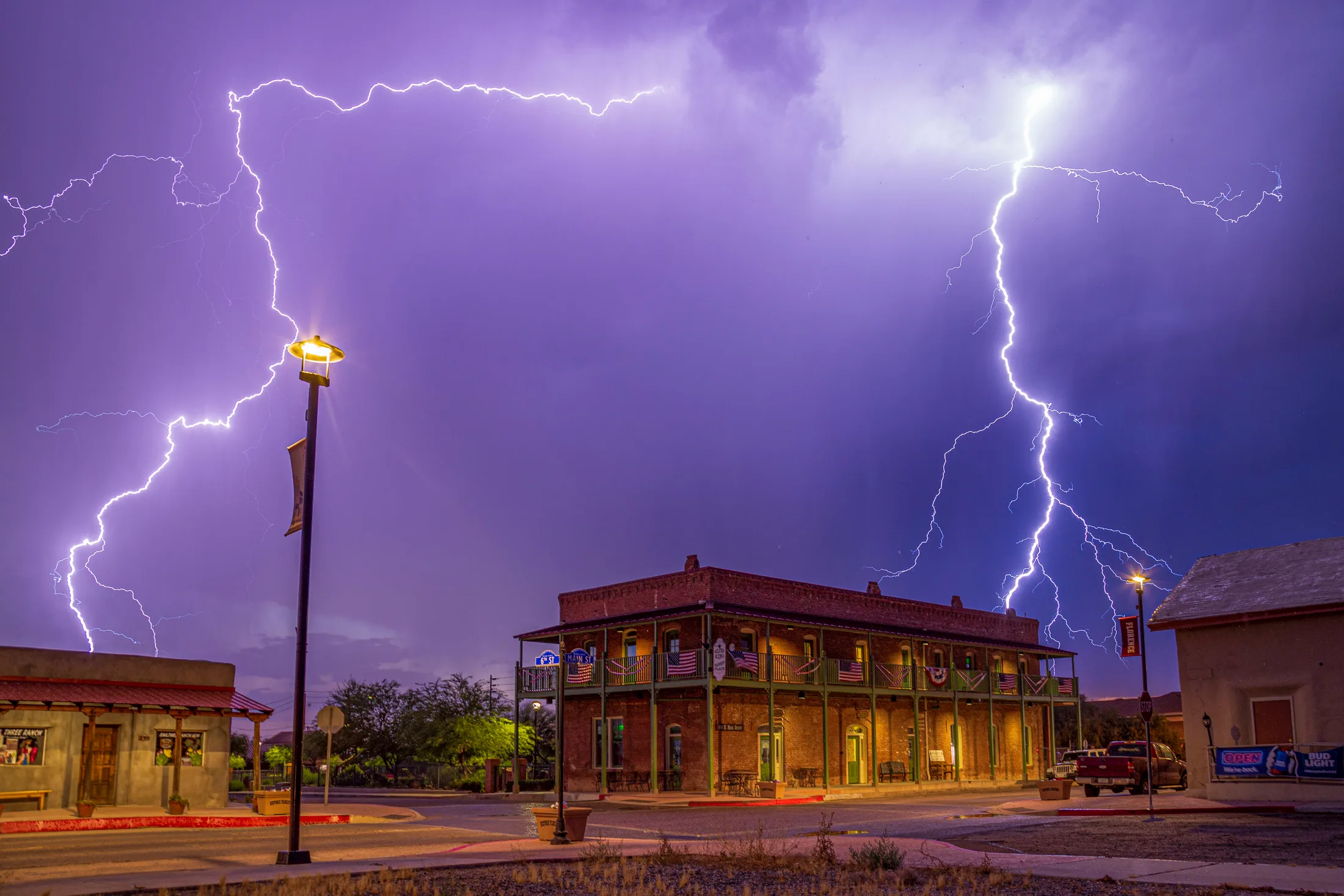 Silver King Hotel Florence AZ, lightning, a fine art photograph by Michael Joseph Baca