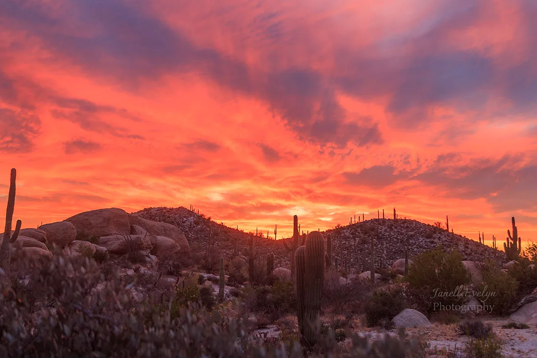 Spectacular Boulders Sunset, a fine art photograph by Janell Evelyn Baca, Casa de Baca Studios, Florence, Arizona