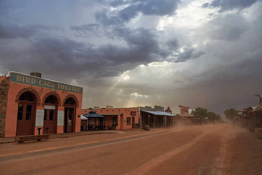 Stormy Tombstone AZ, architecture, a fine art photograph by Janell Evelyn Baca, Casa de Baca Studios, Florence, Arizona