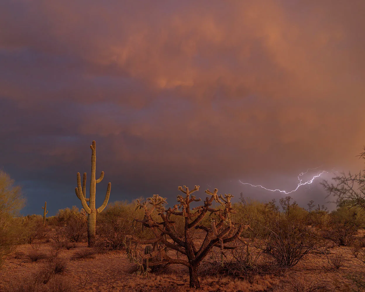 Sunset Stormy Lightning Highway 79, a fine art photograph by Janell Evelyn Baca, Casa de Baca Studios, Florence, Arizona