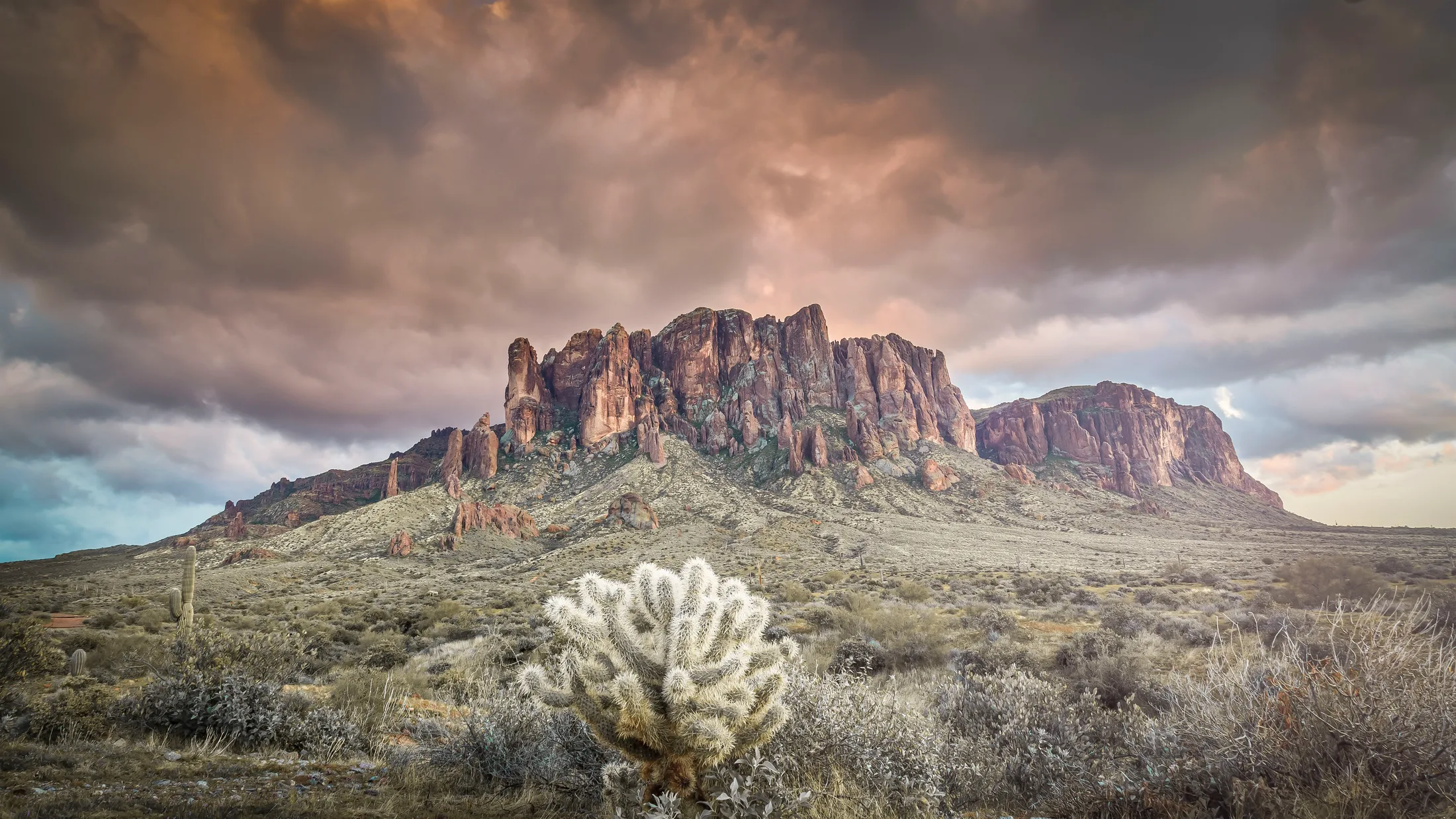 Superstition Mountain Lost Dutchman AZ, sunset and sunrise, a fine art photograph by Michael Joseph Baca