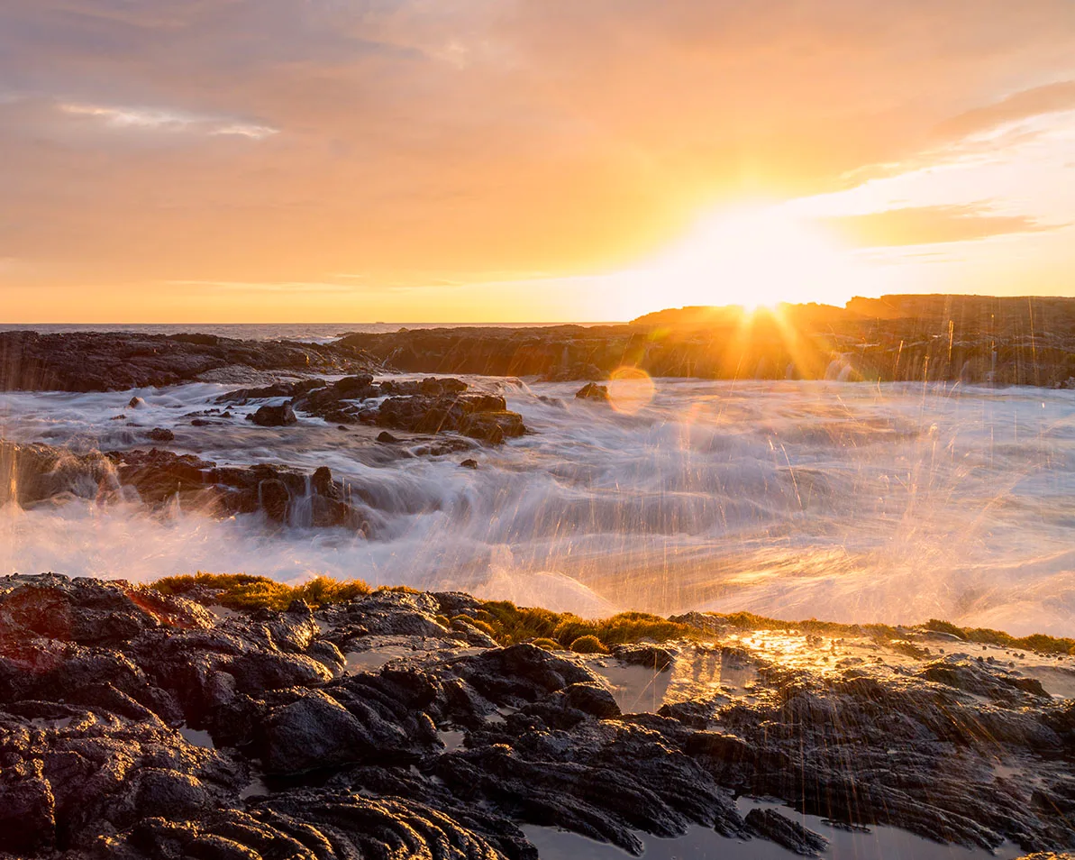 Wawaloli Beach Tide Pools Sunset, ocean and lake and river and pier, a fine art photograph by Janell Evelyn Baca