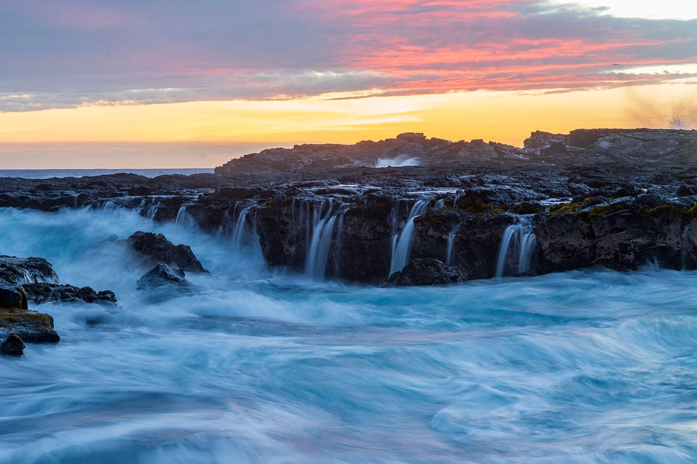 Wawaloli Beach Tide Pools Sunset, ocean and lake and river and pier, a fine art photograph by Janell Evelyn Baca