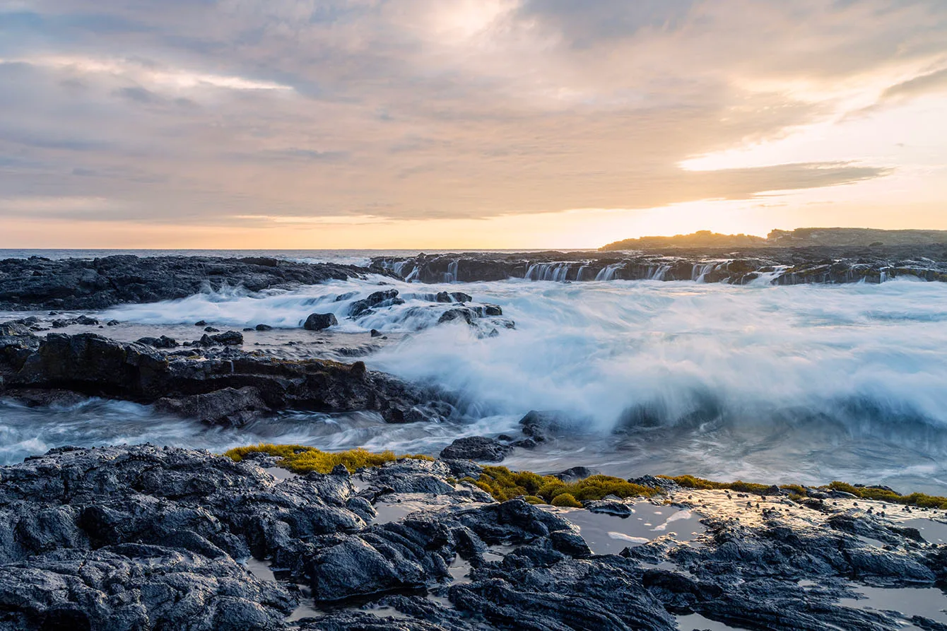 Wawaloli Beach Tide Pools Sunset, ocean and lake and river and pier, a fine art photograph by Janell Evelyn Baca