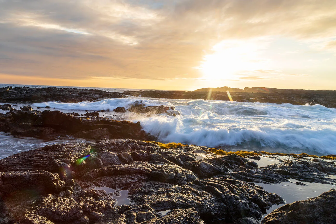 Wawaloli Beach Tide Pools Sunset, ocean and lake and river and pier, a fine art photograph by Janell Evelyn Baca